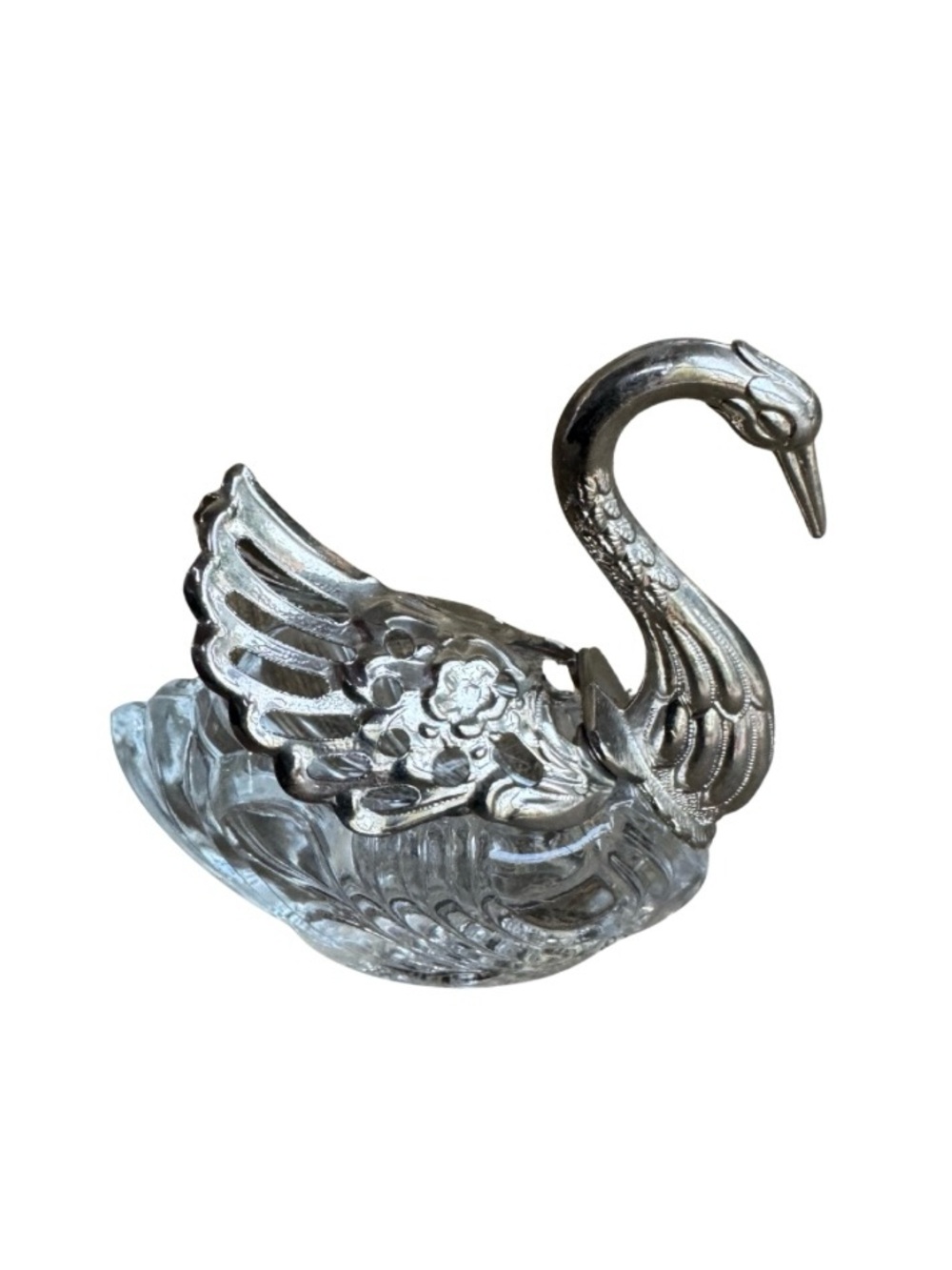 Silver Plated Glass Swan Salt Cellar with Hinged Wings Vintage